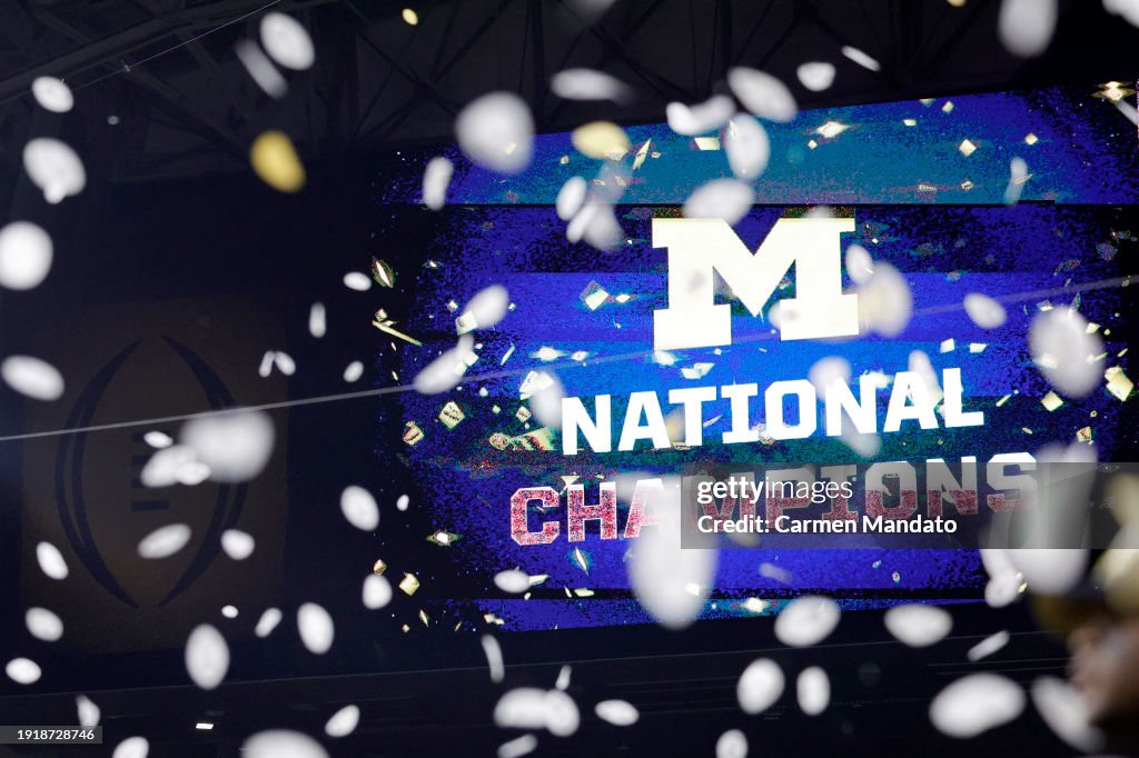 A detail as confetti falls after the Michigan Wolverines defeated the Washington Huskies 34-13 in the 2024 CFP National Championship game at NRG Stadium on January 08, 2024 in Houston, Texas. (Photo by Carmen Mandato/Getty Images)