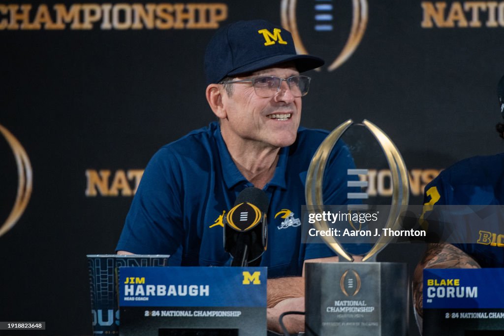 Head Football Coach Jim Harbaugh of the Michigan Wolverines speaks to media during the post game press conference after winning the 2024 CFP National Championship game against the Washington Huskies at NRG Stadium on January 08, 2024 in Houston, Texas. The Michigan Wolverines won the game 34-17. (Photo by Aaron J. Thornton/Getty Images)
