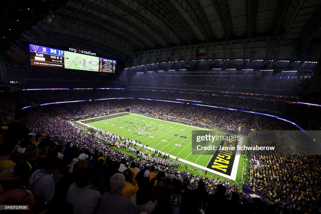 A general view as the Michigan Wolverines take on the Washington Huskies during the 2024 CFP National Championship game at NRG Stadium on January 8, 2024 in Houston, Texas. (Photo by Jamie Schwaberow/Getty Images)