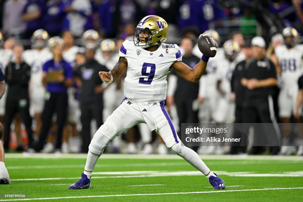 Michael Penix Jr. #9 of the Washington Huskies throws the ball during the fourth quarter of the 2024 CFP National Championship game against the Michigan Wolverines at NRG Stadium on January 08, 2024 in Houston, Texas. The Michigan Wolverines won 34-13. (Photo by Alika Jenner/Getty Images)