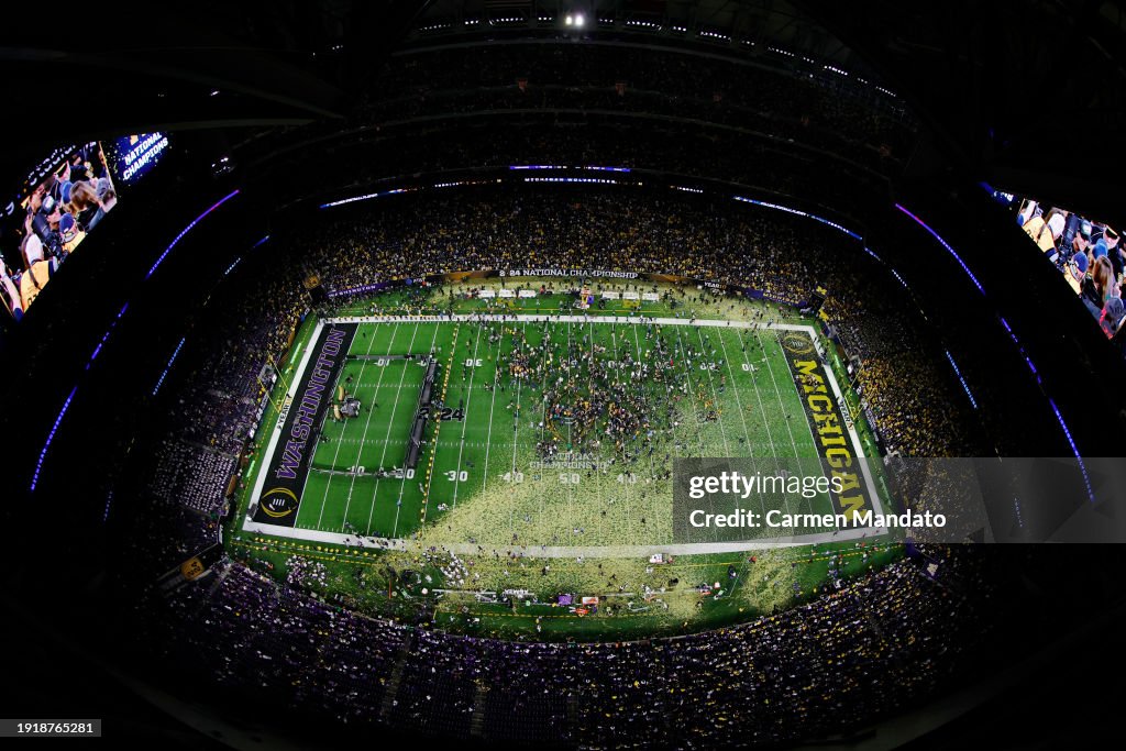 A view of the field after the Michigan Wolverines defeated the Washington Huskies during the 2024 CFP National Championship game at NRG Stadium on January 08, 2024 in Houston, Texas. Michigan defeated Washington 34-13. (Photo by Carmen Mandato/Getty Images)