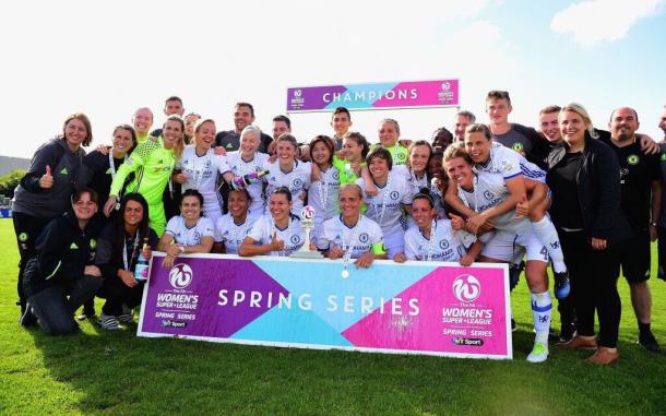 Chelsea Ladies celebrate winning the Spring Series. Source: Chelsea Ladies FC