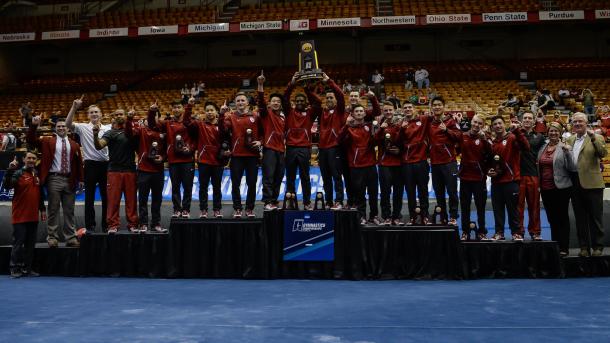 Oklahoma celebrates their tenth national title at the NCAA Men's Gymnastics Championships/OU Sports