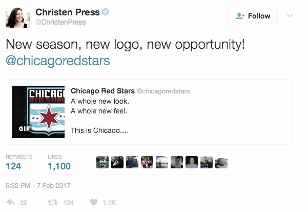 CRS captain Christen Press tweets in support of the 2017 re-branding
