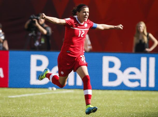 Sinclair celebrates a goal at her home World Cup - Can she break Abby Wambach's record? (Image credit: capebretonpost.com)