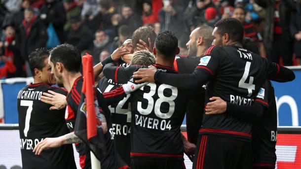 Los jugadores del Bayer Leverkusen celebran el gol de Kiessling | Foto: Bayer Leverkusen
