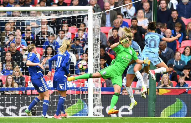 Carli Lloyd powering her header home. Source: Wembley Stadium