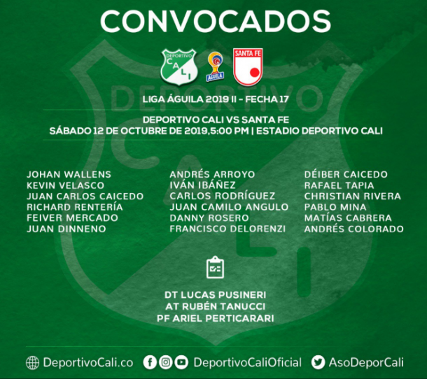 Los convocados del Deportivo Cali. Cinco cambios en su nómina. Imagen: @AsoDeporCali