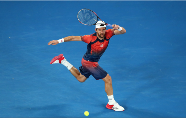 Melzer rips a forehand on the run. Despite the loss, Melzer often played well, testing the world number 17. Credit: Cameron Spencer/Getty Images