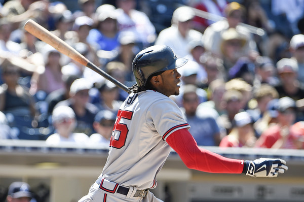 Cameron Maybin #25 of the Atlanta Braves hits a single during the eighth inning of a baseball game against the San Diego Padres at Petco Park August 19, 2015 in San Diego, California. (Aug. 18, 2015 - Source: Denis Poroy/Getty Images North America)