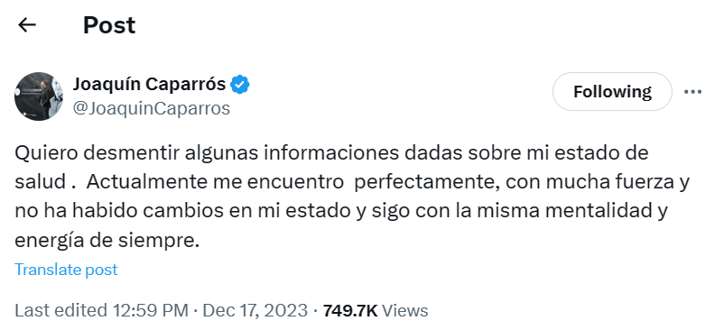 Twit de Joaquín Caparrós respecto a su estado de salud: Captura: Twitter (@JoaquinCaparros)