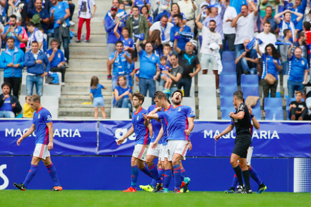 Toché celebra su gol de chilena ante el Reus | Imagen: Real Oviedo