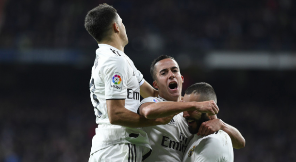 Lucas celebra su gol junto a Reguilón y Benzema. Foto: Liga Santander.