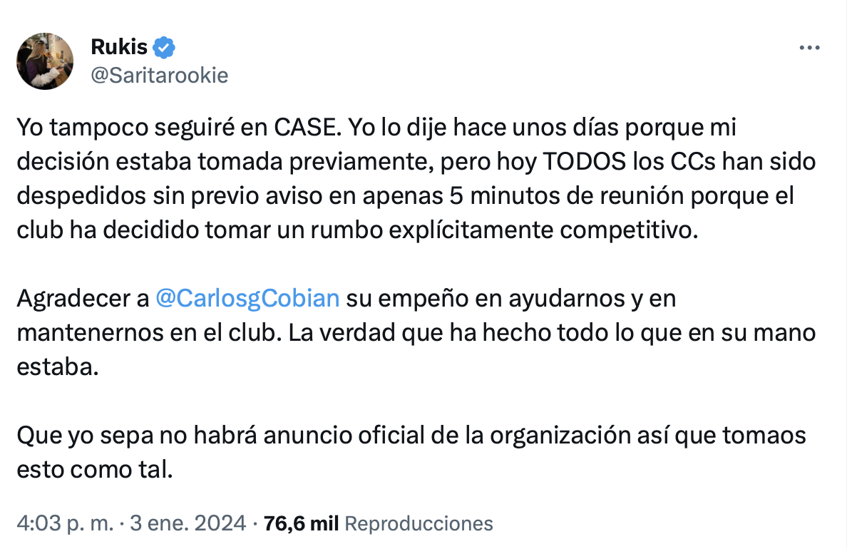 Tweet de Saritarookie anunciando la decisión adoptada por CASE Esports