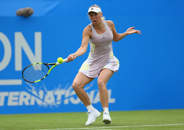 Wozniacki hits a forehand in WTA Eastbourne action. Photo: Steve Bardens/Getty Images 