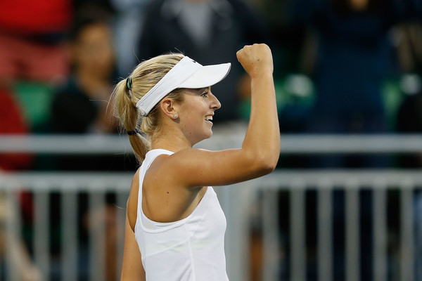 Catherine Bellis celebrates after defeating Jelena Ostapenko in the first round of the 2016 Bank of the West Classic. | Photo: Lachlan Cunningham/Getty Images