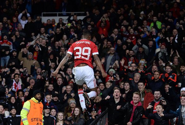 Rashford celebrating after scoring against FC Midtjylland 