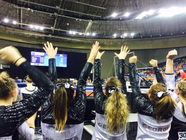 The Georgia Gymdogs celebrate their Super Six birth at the NCAA Women's Gymnastics Championships/UGA Gymnastics