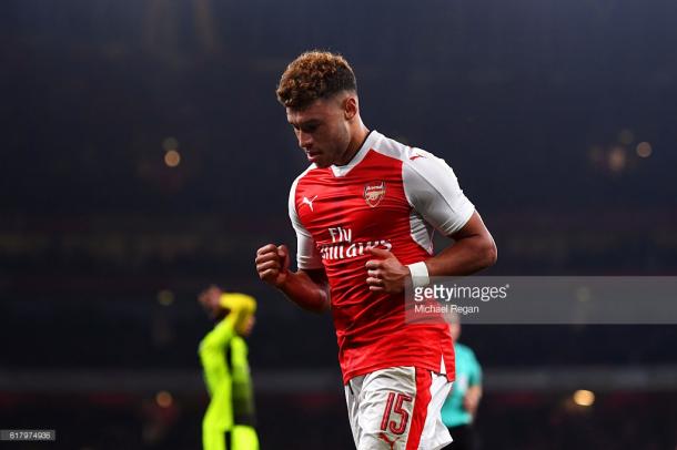 Oxlade-Chamberlain celebrates one of his two goals against Reading. Source - Getty.