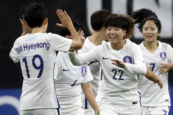 Han Chaerin celebrating her first international goal for Korea Republic (Source: Chris Graythen/Getty Images North America