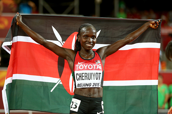 Vivian Cheruiyot celebrates after winning gold in the 10,000 metres at the World Championships (Getty/Michael Steele)