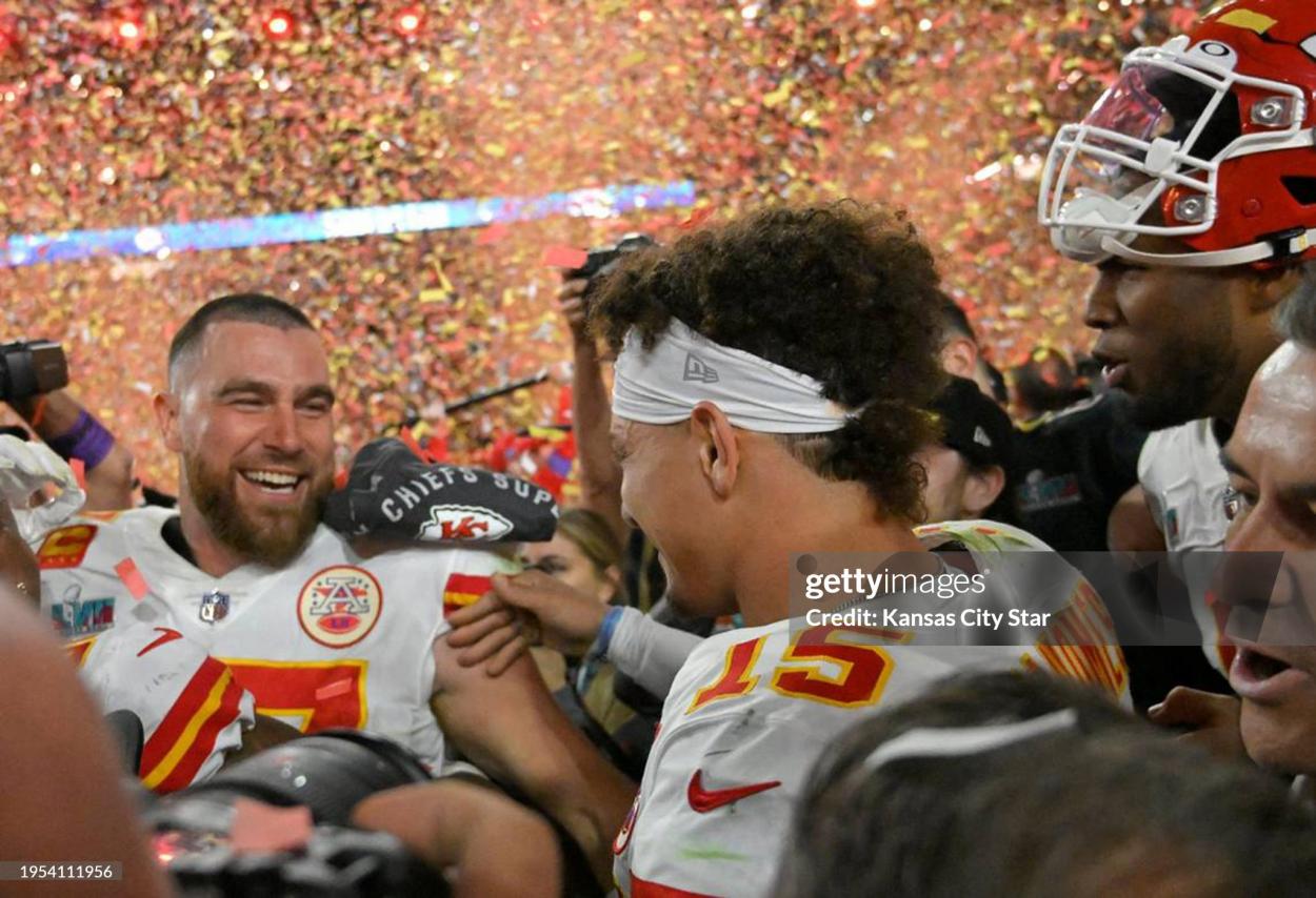 Kansas City Chiefs tight end <strong><a  data-cke-saved-href='https://www.vavel.com/en-us/nfl/2024/01/01/1167369-kansas-city-chiefs-25-17-cincinnati-bengals-kc-wins-eighth-straight-afc-west-title.html' href='https://www.vavel.com/en-us/nfl/2024/01/01/1167369-kansas-city-chiefs-25-17-cincinnati-bengals-kc-wins-eighth-straight-afc-west-title.html'>Travis Kelce</a></strong> (87) celebrated with quarterback <strong><a  data-cke-saved-href='https://www.vavel.com/en-us/nfl/2024/01/14/1168659-kansas-city-chiefs-26-7-miami-dolphins-ice-cold-chiefs-pick-up-the-win.html' href='https://www.vavel.com/en-us/nfl/2024/01/14/1168659-kansas-city-chiefs-26-7-miami-dolphins-ice-cold-chiefs-pick-up-the-win.html'>Patrick Mahomes</a></strong> (15) after defeating the Eagles in <strong><a  data-cke-saved-href='https://www.vavel.com/en-us/nfl/2024/01/22/1169493-detroitlions-31-23-tampa-bay-buccaneersthe-lions-triumph-moving-them-one-game-closer-to-the-super-bowl.html' href='https://www.vavel.com/en-us/nfl/2024/01/22/1169493-detroitlions-31-23-tampa-bay-buccaneersthe-lions-triumph-moving-them-one-game-closer-to-the-super-bowl.html'>Super Bowl</a></strong> LVII on Feb. 12, 2023, at State Farm Stadium in Glendale, Arizona. (Tammy Ljungblad/The Kansas City Star/Tribune News Service via Getty Images)