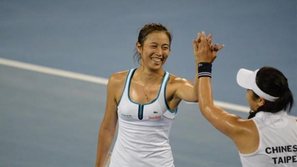 Chinese Taipei players celebrate their victory in the Asia/Oceania group in February. Photo: Fed Cup