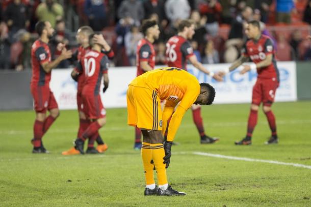 Andre Blake tried his best but was ultimately powerless to stop the Toronto onslaught | Source: Chris Young-The Canadian Press