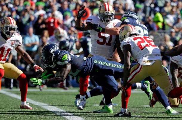 Christine Michael (center) and the Seattle Seahawks running game has struggled so far in 2016 | Source: Ted S. Warren - AP Photo