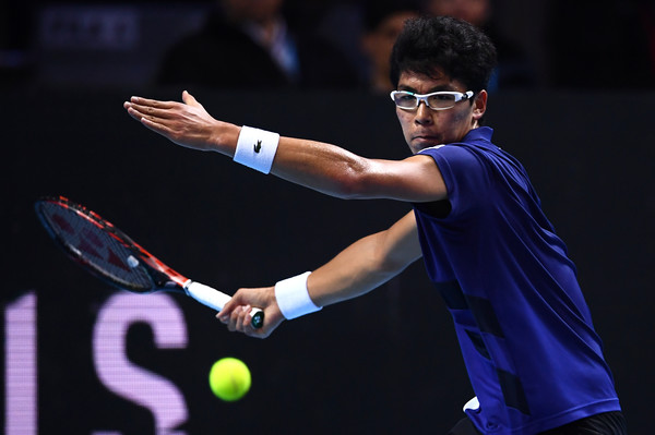 Hyeon Chung, victorious on Tuesday, lines up a forehand. Photo: Marco Bertorello/AFP