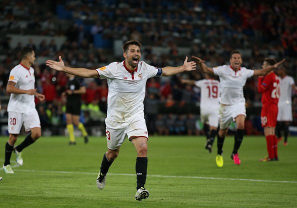 Celebración del tercero del Sevilla | Foto: UEFA