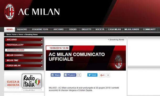 Il comunicato del club rossonero. Fonte: acmilan.com