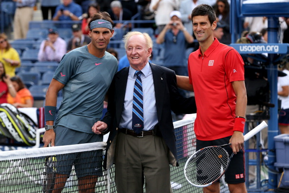 Laver poses with Nadal and Djokovic before the 2013 U.S. Open Men's Final. Credit: Clive Brunskill/Getty Images