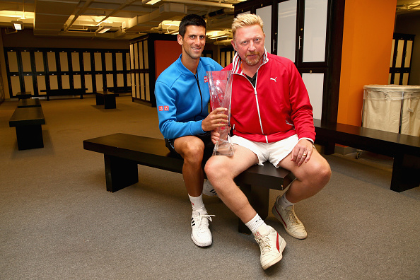 Novak Djokovic and Boris Becker pose after the Serbian's triumph at the Miami Open in 2015 (Getty/Clive Brunskill)