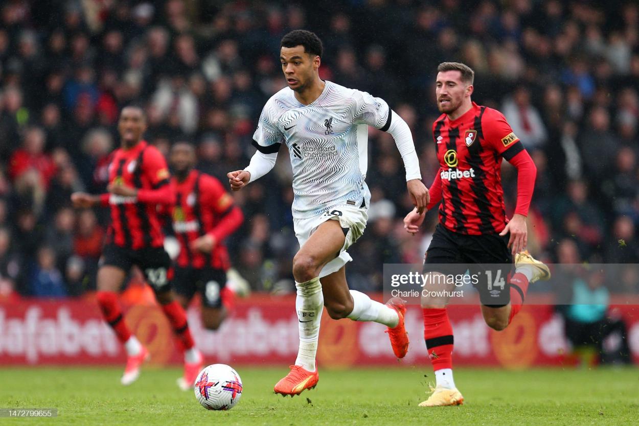 Cody Gakpo in attack against Bournemouth's Joe Rothwell during the Premier League match on March 11, 2023. (Photo by Charlie Crowhurst/Getty Images)