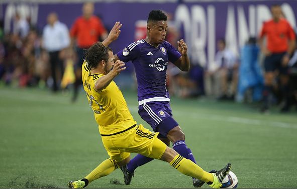 Columbus Crew right back Chad Barson (left, in yellow) may get his first start of the season against Real Salt Lake on Saturday. Photo credit: Alex Menendez/Getty Images Sport