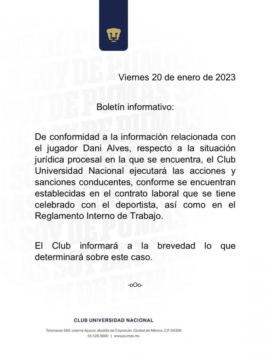 Comunicado de Prensa de Pumas sobre la situación de Dani Alves | Imagen: Club Universidad Nacional