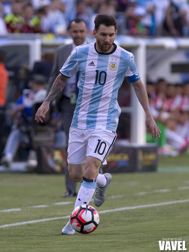 Lionel Messi (10) during the Copa American Centenario quarter-final match between Argentina and Venezuela at Gillette Stadium in Foxboro, MA.