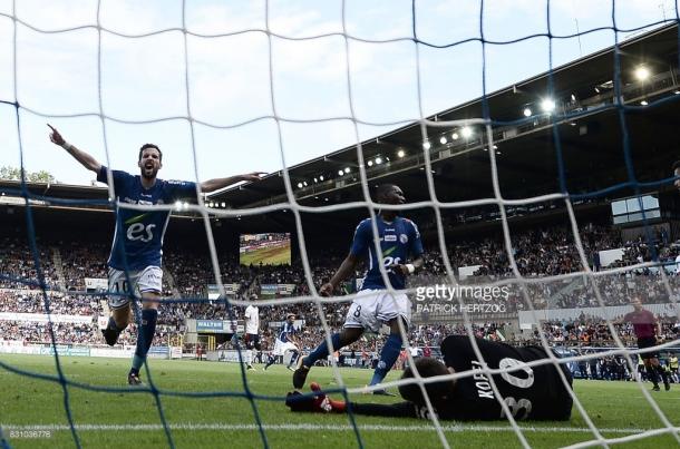 Benjamin Corgnet celebrates one of three Strasbourg goals on Sunday. Source - Getty Images.