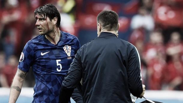 Above: Vedran Ćorluka been injured in Croatia's 1-0 win over Turkey | Photo: Sky Sports