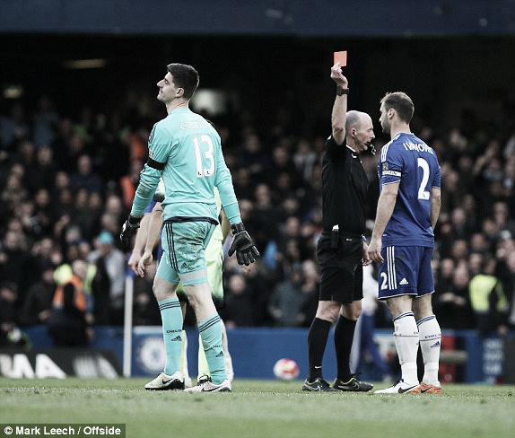 Above: Thibaut Courtois sees red in Chelsea's 3-0 defeat to Manchester City | Mark Leech 