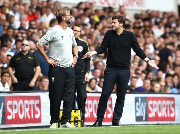 Pochettino and Klopp share a joke on the touchline at the weekend | Photo: Sky Sports