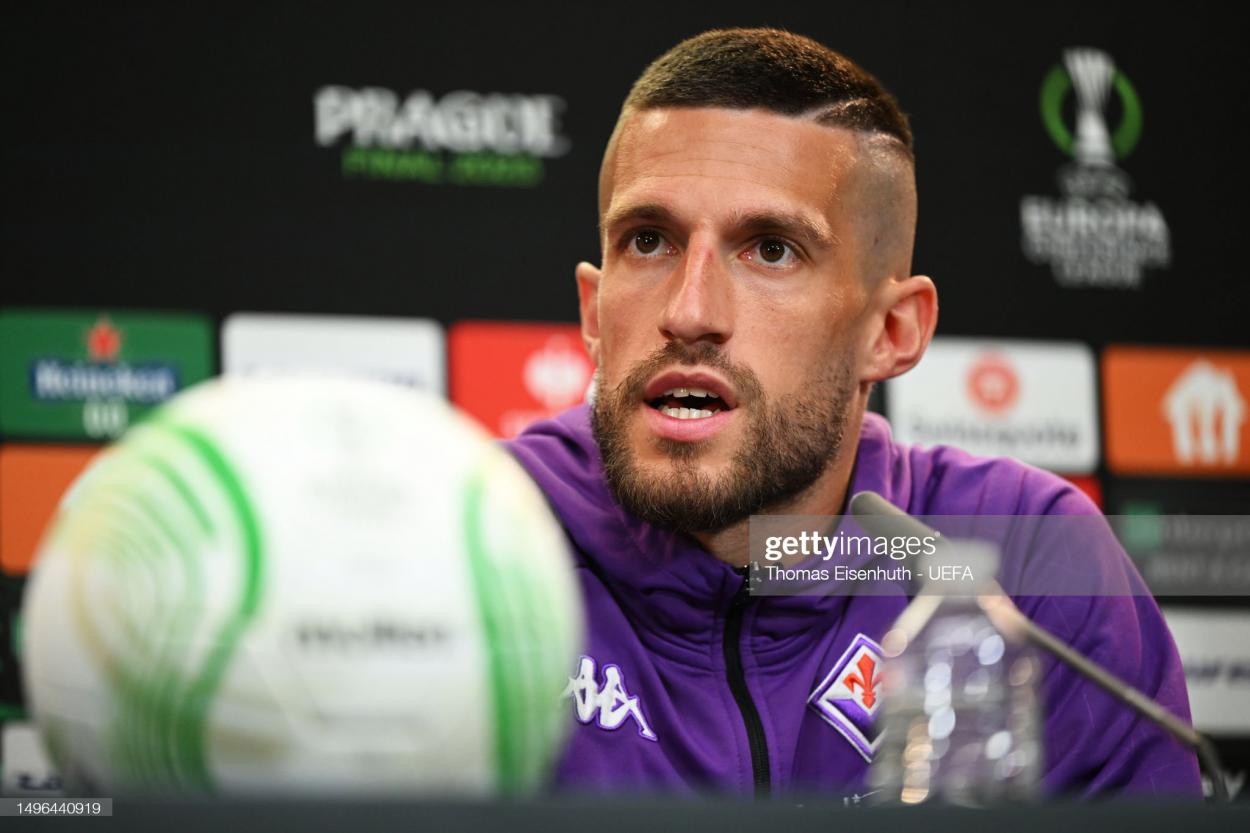 Cristiano Biraghi of ACF Fiorentina talks to the media during a Press Conference prior to the UEFA Europa Conference League 2022/23 final match between ACF Fiorentina and <strong><a  data-cke-saved-href='https://www.vavel.com/en/football/2023/06/01/1148241-the-route-to-wembley-manchester-city-and-manchester-united.html' href='https://www.vavel.com/en/football/2023/06/01/1148241-the-route-to-wembley-manchester-city-and-manchester-united.html'>West Ham</a></strong> United FC at Eden Arena on June 06, 2023 in Prague, Czech Republic. (Photo by Thomas Eisenhuth - UEFA/UEFA via Getty Images)