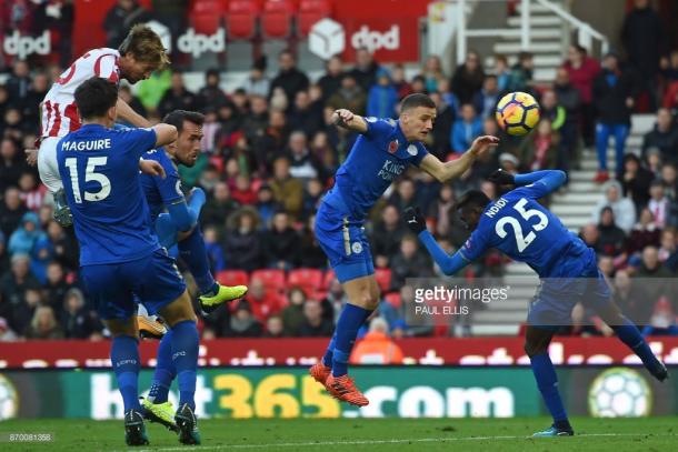 Peter Crouch heads home the equaliser at home to Leicester City. Source | Getty Images.