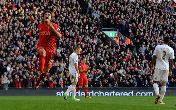 Coutinho celebrando un gol ante el Swansea | Imagen: Liverpool FC