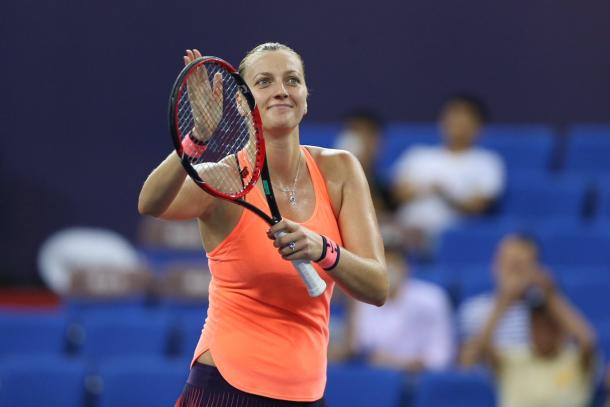 Kvitova acknowledges the crowd after winning her debut match in Zhuhai. Photo credit: WTA Elite Trophy.