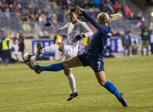 Japan found a way past the USWNT defenders twice to tie the game | Source: USA TODAY Sports