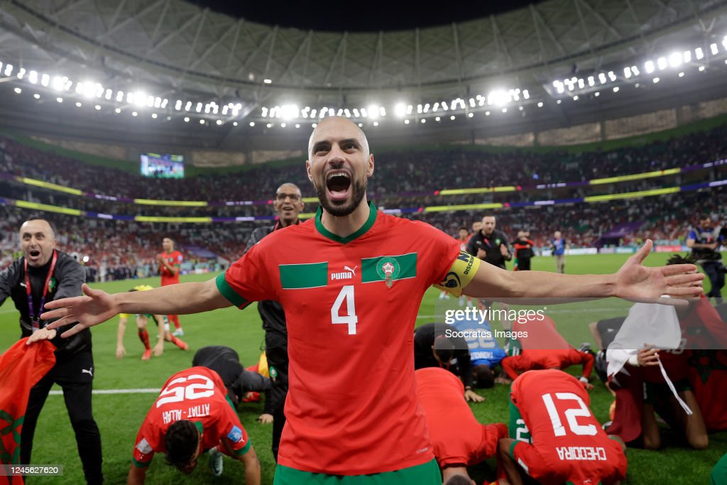 Sofyan Amrabat of Morocco celebrates the victory during the World Cup match between Morocco v Portugal at the Al Thumama Stadium on December 10, 2022 in Doha Qatar (Photo by Eric Verhoeven/Soccrates/Getty Images)