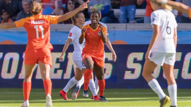 Nichelle Prince celebrates her goal against Reign FC. | Source: Houston Dash