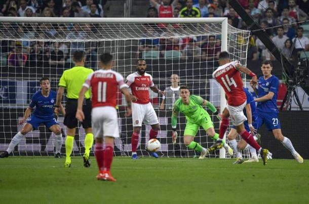 Ocasión del Arsenal a disparo de Aubameyang. FOTO: Twitter UEFA Europa League